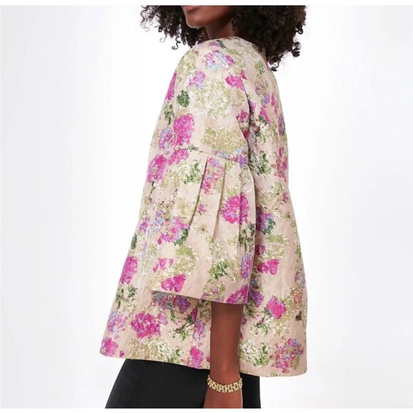 Tuckernuck Floral Jacquard Bell Sleeve Blouse Beige Pink Green Top Size Large - Picture 2 of 16